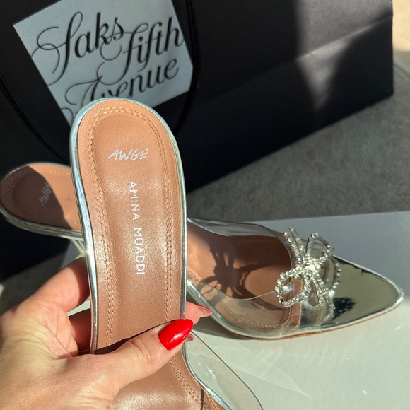 Amina Muaddi Silver Crystal Bow Heels - Picture 4 of 7